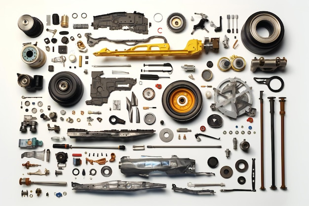 Disassembled car parts on white background