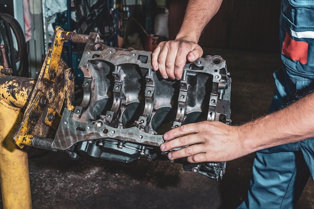 Disassembled engine repaired auto repair concept closeup