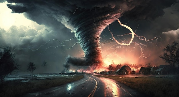 Disaster Lightning strikes the earth as a catastrophic tornado descends Raster graphics