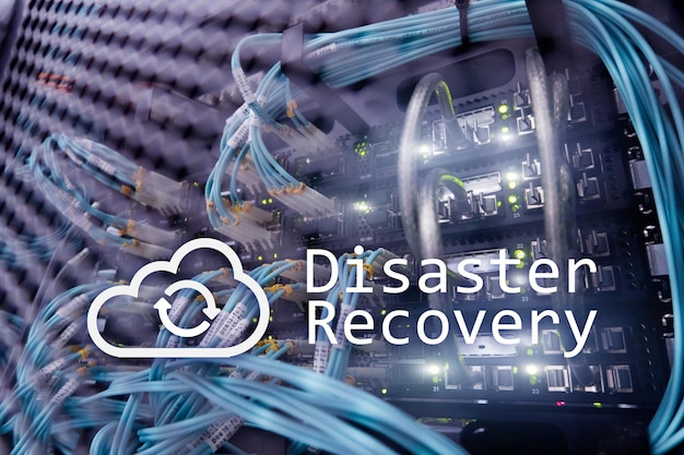 DIsaster recovery Data loss prevention Server room on background