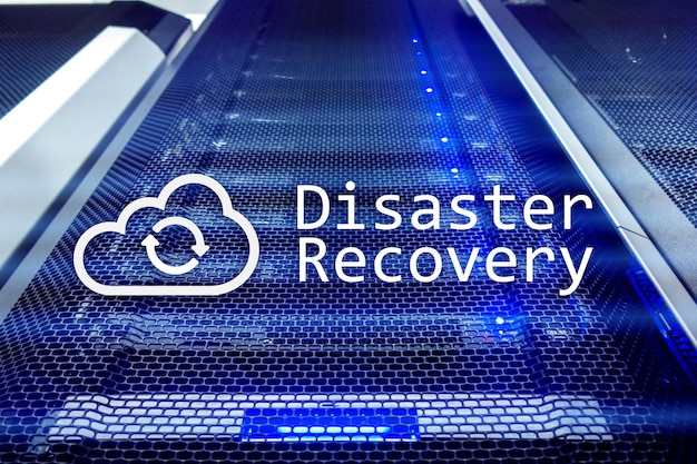 DIsaster recovery Data loss prevention Server room on background