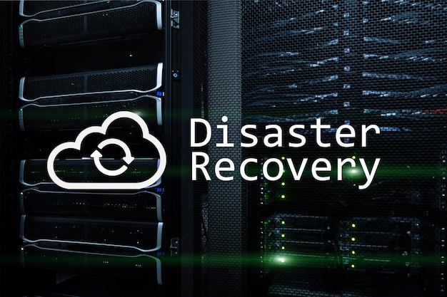 DIsaster recovery Data loss prevention Server room on background