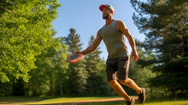 Disc golfer throwing a disc towards the basket on a course