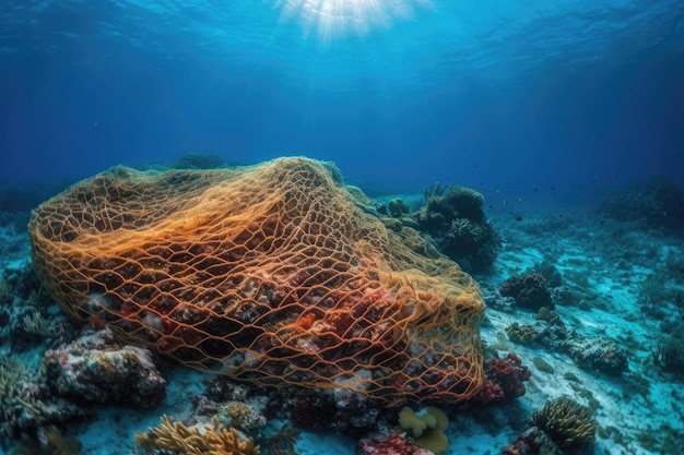 Discarded Fishing Net In Coral Reef Generative AI