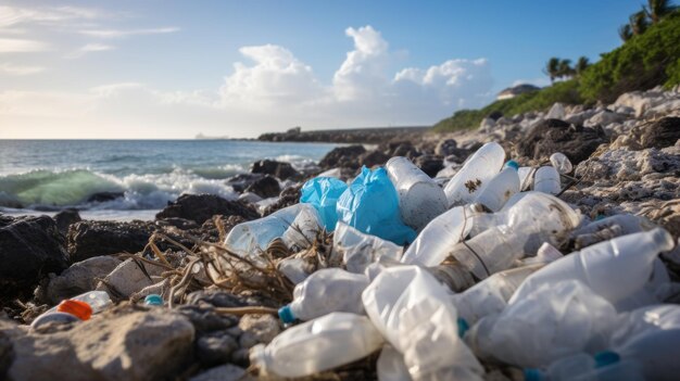 捨てられたプラスチック袋がビーチに散らばっている