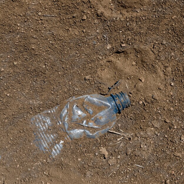 Discarded plastic bottle near footprint, Tanzania, Africa