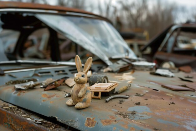 写真 廃棄されたウサギのおもちゃが 廃車場の車蓋の上に