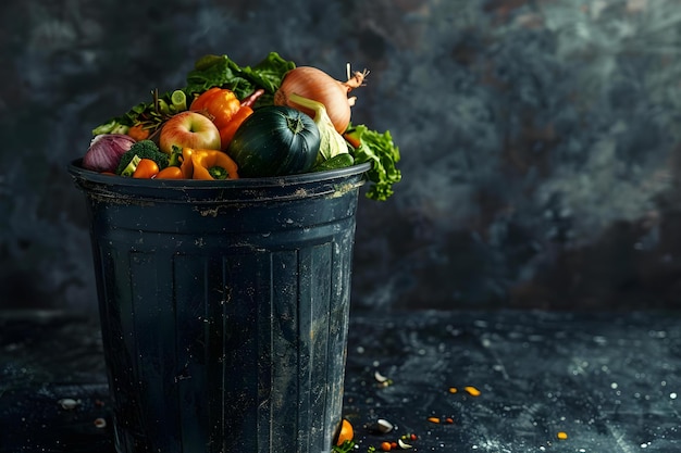 사진 집에서 음식 비와 손실을 상징하는 쓰레기통에 버려진 은 채소 개념 음식 꺼기 집에서 재활용 주방 비 지속 가능한 생활