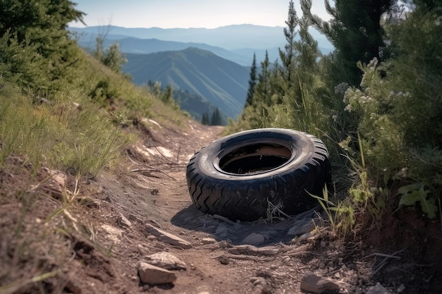 Photo discarded tire on scenic mountain trail generative ai