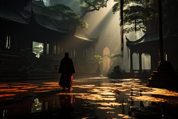 Disciple meditates next to Kung Fu's temple sword at dusk generative IA