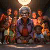 Photo the disciplinary enforcer a 3d cartoon image depicting a powerful black grandma surrounded by misch