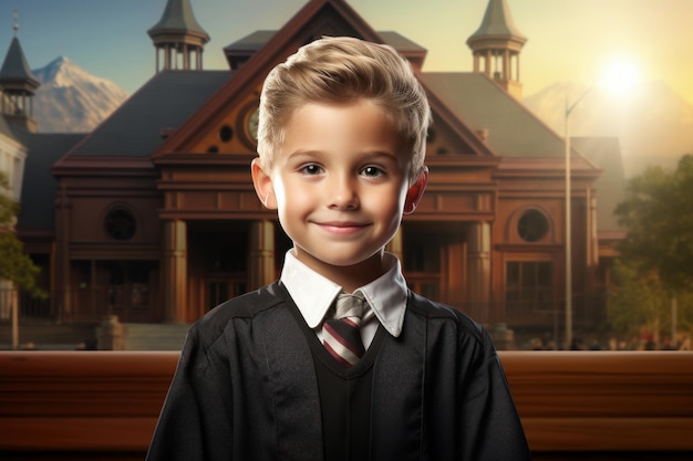 Дисциплинированный судья ребенок мальчик здание суда человек молоток генерировать ИИ