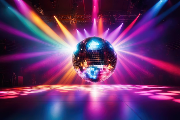 Disco ball colorful rays of light emanate from the disco ball bright cinematic style