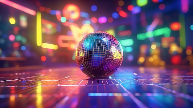 A disco ball on a disco floor with lights in the background.