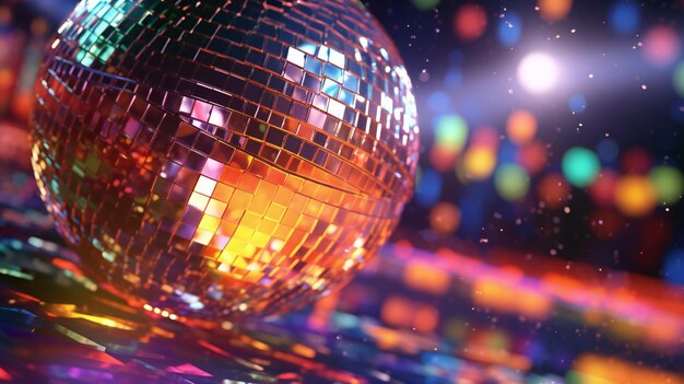 Photo disco ball on a disco stage with a colorful background