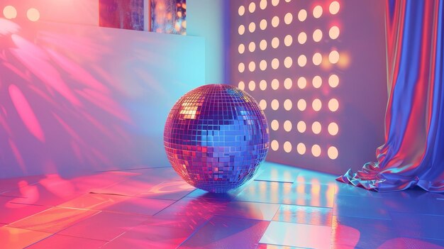 Disco ball floating in a party setting 3D style isolated flying objects memphis style 3D render AI generated illustration