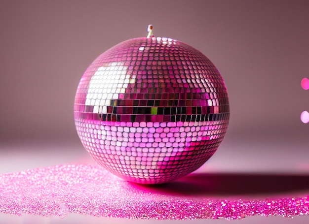 Photo a disco ball is on a pink background with pink glitter.