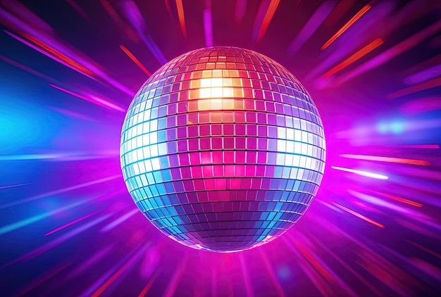 Disco ball on a purple and yellow background in the style of light red and cyan