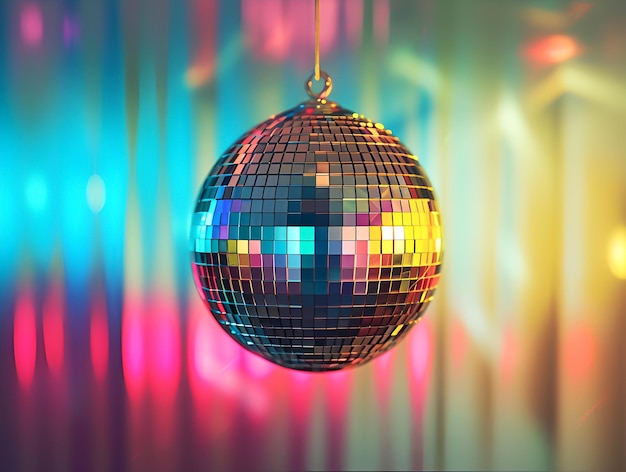 Фото Дискотечный шар с синим и розовым неоновым светом на танцполе висячий зеркальный шар создает яркую танцевальную ауру ночной клуб с ярким зеркальным шаром цветный танцевальный шар на заднем плане
