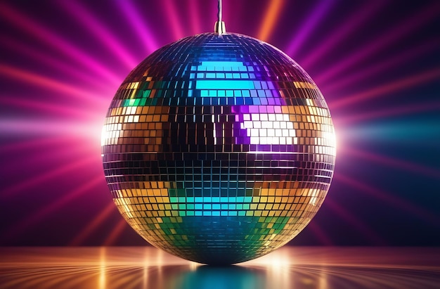 A disco ball with a colorful design is lit up and shining brightly