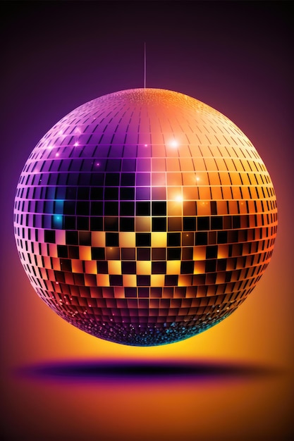 ジェネレーティブ AI テクノロジーを使用して作成された紫色の背景に光のスポットがあるディスコ ボール