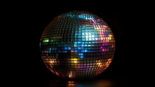 A disco ball with a multicolored light reflecting on it.