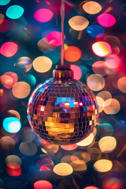 a disco ball with multicolored lights behind it