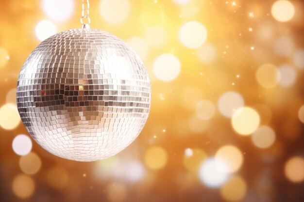 Photo disco ball with sparkling lights on a festive bokeh background