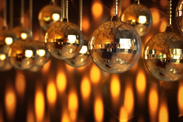 Disco balls image in gold on golden background Generative AI