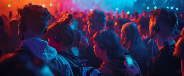 Photo disco club people in headphones dancing