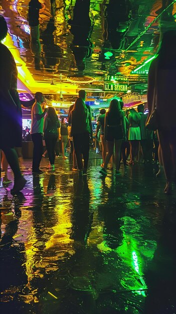 disco dance floor with disco ball and people dancing around