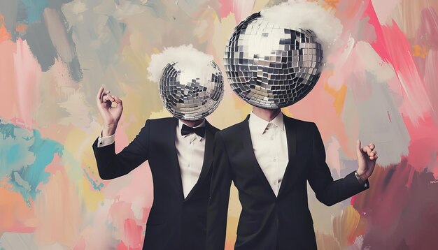 Foto disco duo headless fun su una pista da ballo pastel