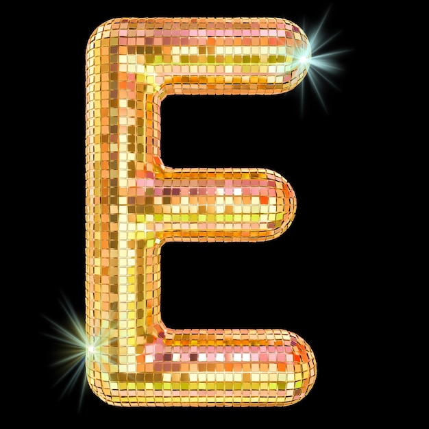 Photo disco font letter e from golden glitter mirror facets 3d rendering