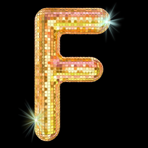 Disco font letter F from golden glitter mirror facets 3D rendering