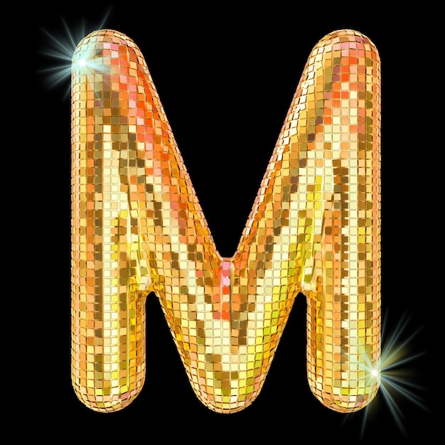 Photo disco font letter m from golden glitter mirror facets 3d rendering