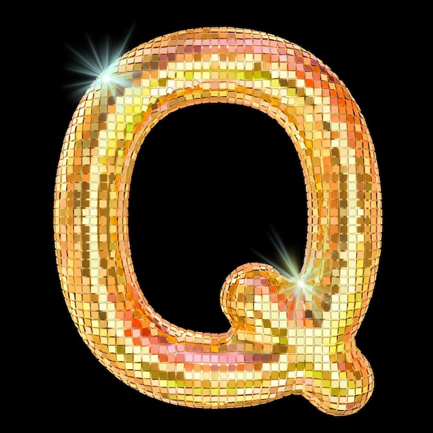 Disco font letter Q from golden glitter mirror facets 3D rendering