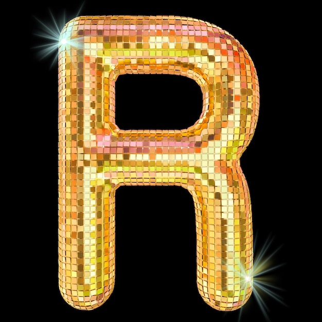 Disco font letter R from golden glitter mirror facets 3D rendering