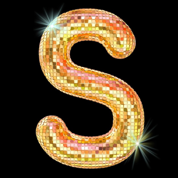 Foto carattere discoteca lettera s dal rendering 3d delle sfaccettature dello specchio glitter dorato