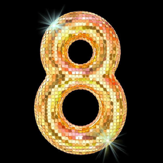 Disco font number 8 from golden glitter mirror facets 3D rendering