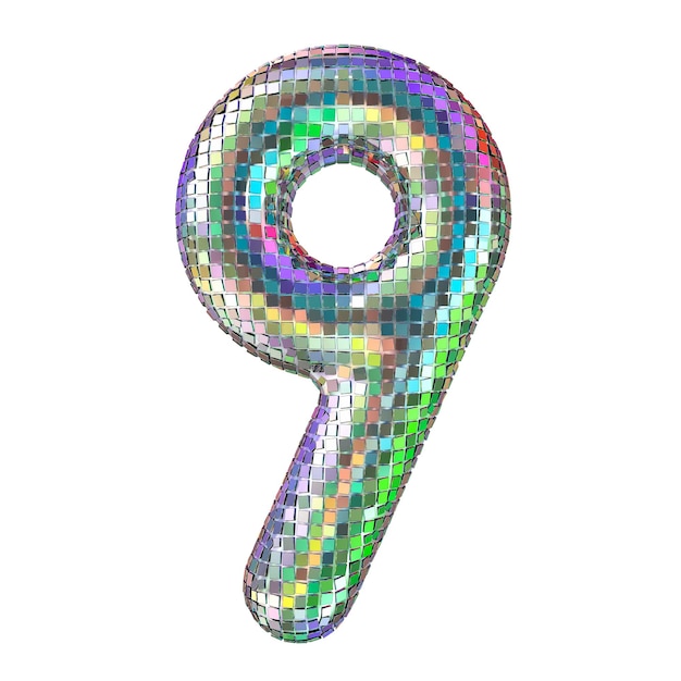 Disco font number 9 from glitter mirror facets 3D rendering