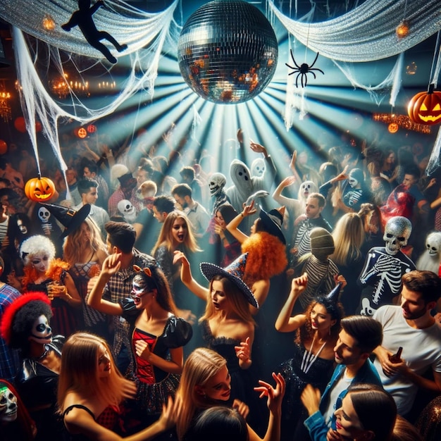 вечеринка на дискотеке в костюмах Хэллоуина празднование Хеллоуина