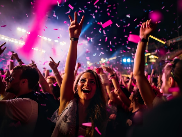 Foto disco gente che si gode di una festa night club neon luce rosa gruppo di amici che ballano che si godono la festa notturna festa stanno ballando nel club nightlife