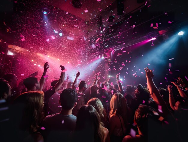 Foto gente che si diverte in una discoteca, in un club notturno, con la luce rosa al neon, un gruppo di amici che si divertono a ballare.