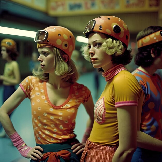 Disco Roller Rink Skaters in 1970s Disco Clothes