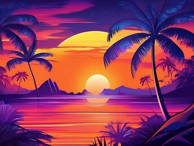 Disco stijl party strips illustratie van heldere oranje zonsondergang op het strand blauwe berg violet palm