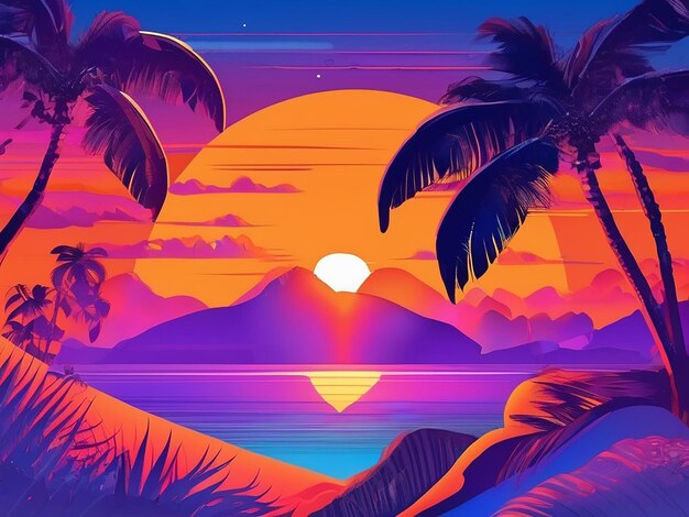 Disco stijl party strips illustratie van heldere oranje zonsondergang op het strand blauwe berg violet palm