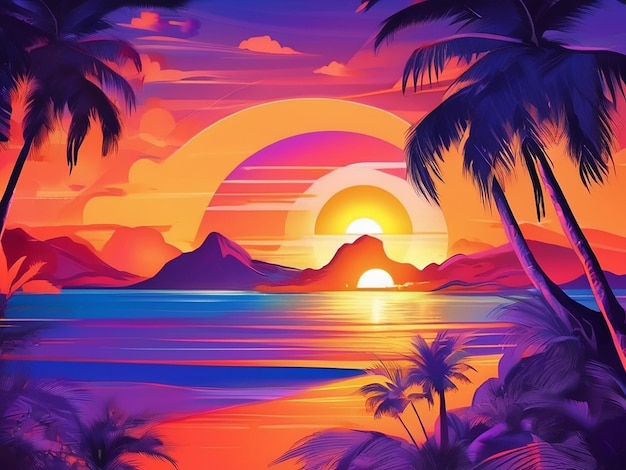 Disco stijl party strips illustratie van heldere oranje zonsondergang op het strand Blauwe berg violette palm