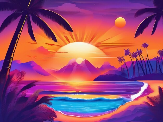 Disco stijl party strips illustratie van heldere oranje zonsondergang op het strand Blauwe berg violette palm