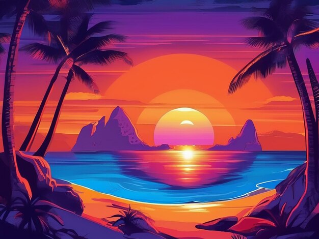 Disco stijl party strips illustratie van heldere oranje zonsondergang op het strand Blauwe berg violette palm