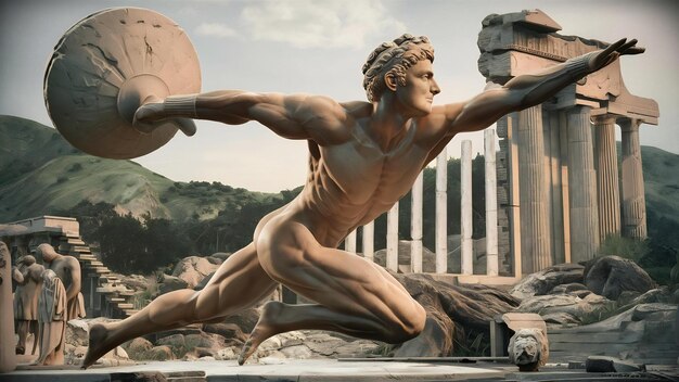 Photo discobolus 3d render of male figures pose with muscle